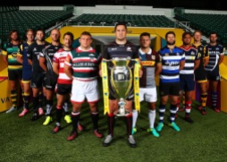 LONDON, ENGLAND - AUGUST 25: (L-R) Tom Wood, Captain of Northampton Saints, Gerritt-Jan Van Velze, Captain of Worcester Warriors, Ally Hogg, Captain of Newcastle Falcons, Jack Yeandle, Captain of Exeter Chiefs, Greig Laidlaw, Captain of Gloucester Rugby, Tom Youngs, Captain of Leicester Tigers, Brad Barritt, Captain of Saracens, Danny Care, Captain of Harlequins, Guy Mercer, Captain of Bath, Jack Lam, Captain of Bristol Rugby, Joe Launchbury, Captain of Wasps and Josh Beaumont, Captain of Sale, pose with The Aviva Premiership Trophy during the Aviva Premiership Rugby 2016-2017 Season Launch at Twickenham Stadium on August 25, 2016 in London, England. (Photo by Steve Bardens/Getty Images for Aviva)